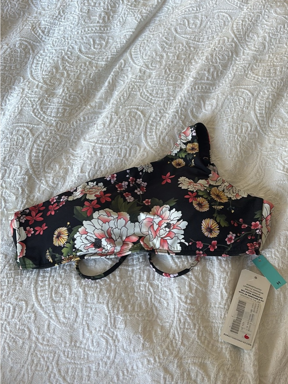 NWT floral  One-Shoulder Bikini Top - Black with Pink & Cream Flowers